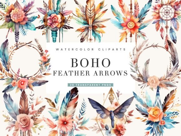 Download Watercolor Boho Feather Arrows Clipart - Water Collection