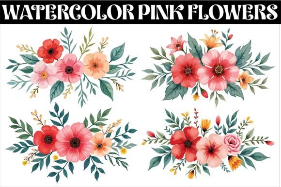Download Watercolor Pink Flowers and Green Leaves - Water Collection