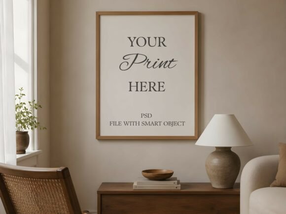 Download Vertical Wood Frame Mockup Japandi Room - Mock Collection