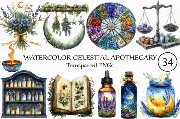 Download Watercolor Celestial Apothecary Clip Art - Water Collection