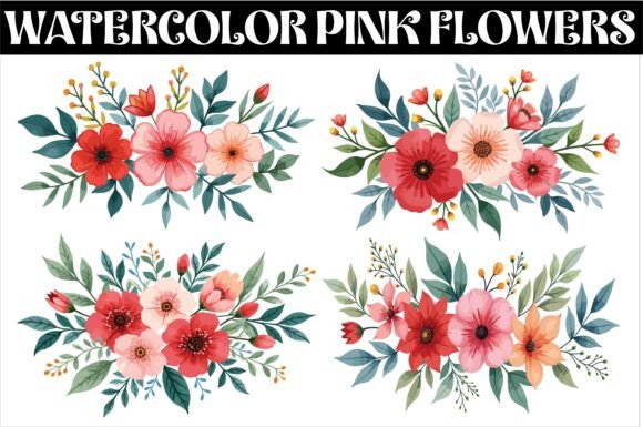 Download Watercolor Pink Flowers and Green Leaves - Water Collection
