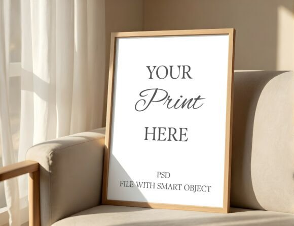 Download Cozy Wood Frame Mockup on Armchair - Mock Collection
