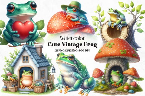 Download Watercolor Vintage Cute Frog Sublimation - Water Collection