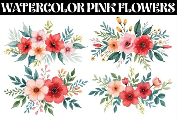 Download Watercolor Pink Flowers and Green Leaves - Water Collection