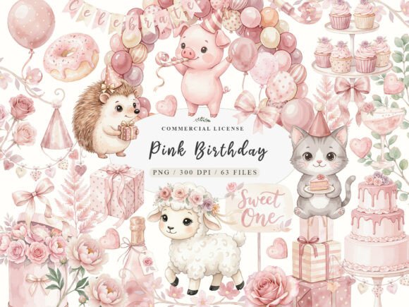 Download Watercolor Pink Birthday Clipart Bundle - Water Collection