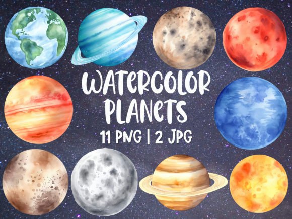 Download Watercolor Planets Clipart Set, 13 Files - Water Collection