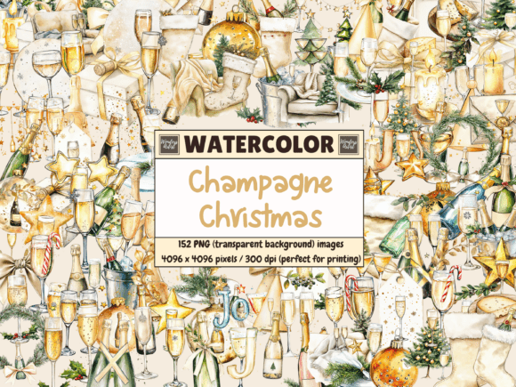 Download Champagne Christmas Watercolor Clipart - Water Collection