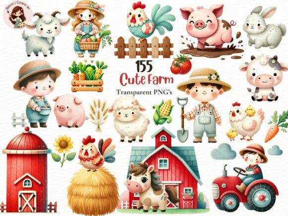 Download Watercolor Farm Kids &amp; Animals PNG Set - Water Collection