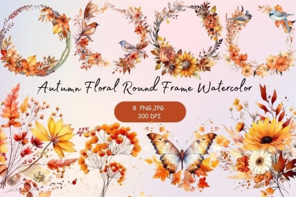 Download Autumn Floral Round Frame Watercolor - Water Collection