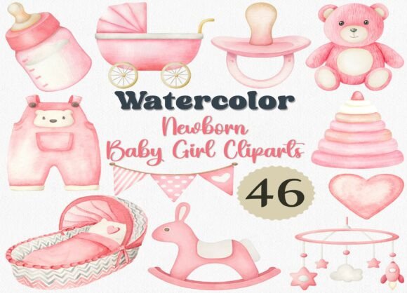 Download Watercolor Newborn Baby Girl Clipart Set - Water Collection