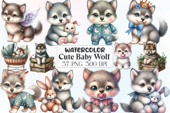 Download Watercolor Cute Baby Wolf Clipart - Water Collection