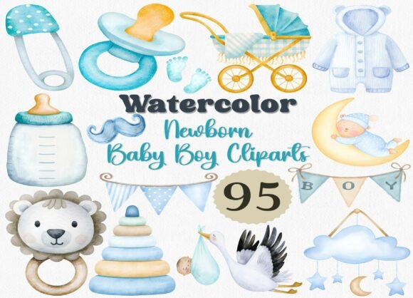 Download Watercolor Newborn Baby Boy Clipart Set - Water Collection