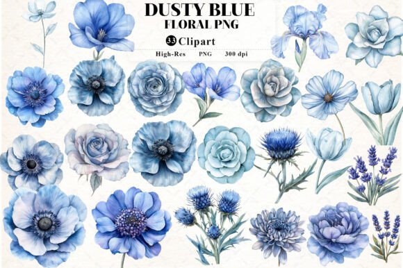 Download Dusty Blue Watercolor Floral Clipart - Water Collection